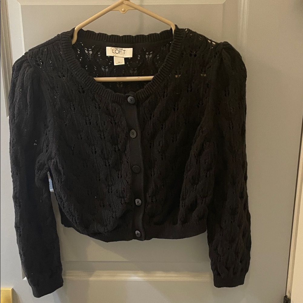 LOFT Women's Black Cardigan Sweater with puffed sleeves